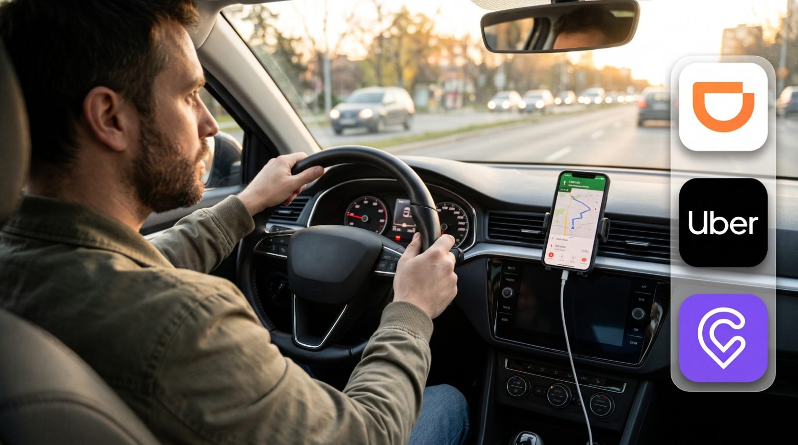 Conductor manejando un auto con el celular en el soporte mostrando un mapa de navegación, junto a los logos de DiDi, Uber y Cabify
